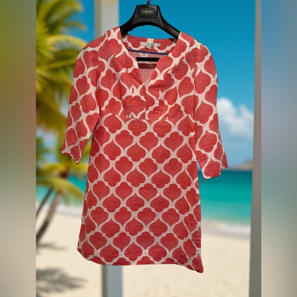 Boden EUC Size 2P Pretty Coral & White 3/4 Length Linen Mini Dress (0554) - Picture 2 of 14